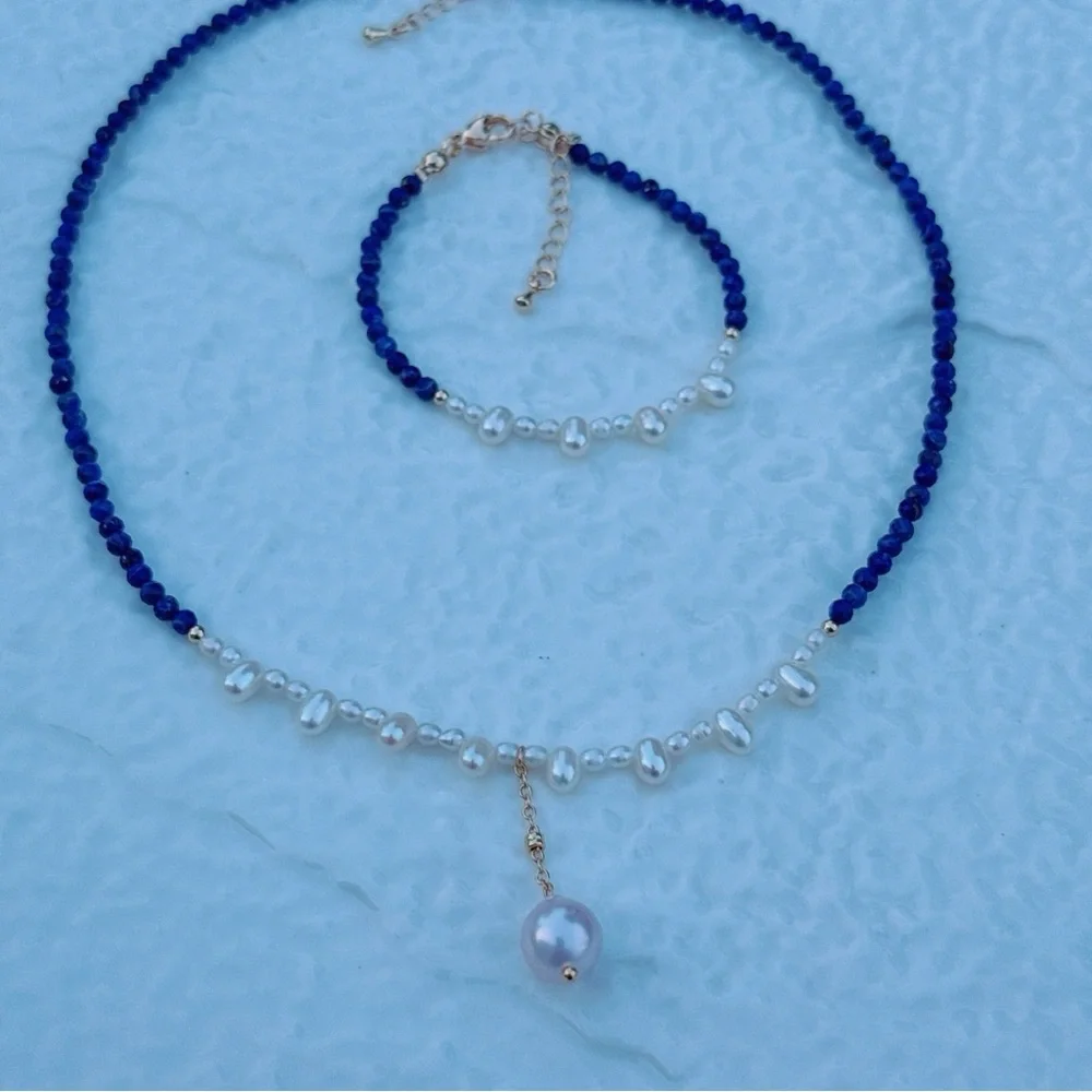 AM69 Handmade Freshwater Baroque Pearl Lapis Necklace Bracelet Set - Picture 8 of 8